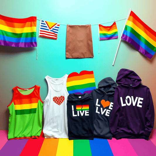 Colorful LGBTQ+ Pride clothing with rainbow flags, pride tank tops, and love statement hoodies arranged on a stylish backdrop symbolizing unity and diversity.
