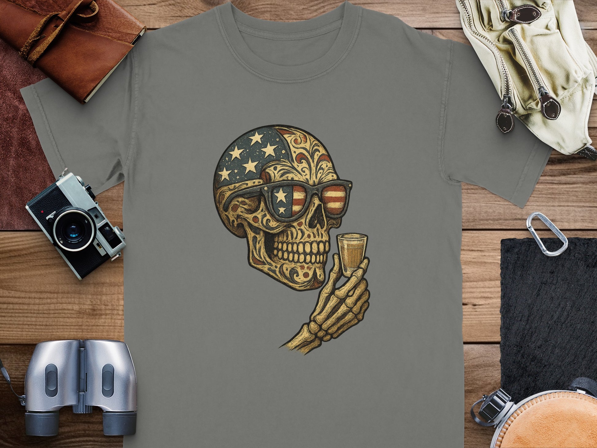 Patriotic Skull Holding Shot Glass Graphic Tee product
