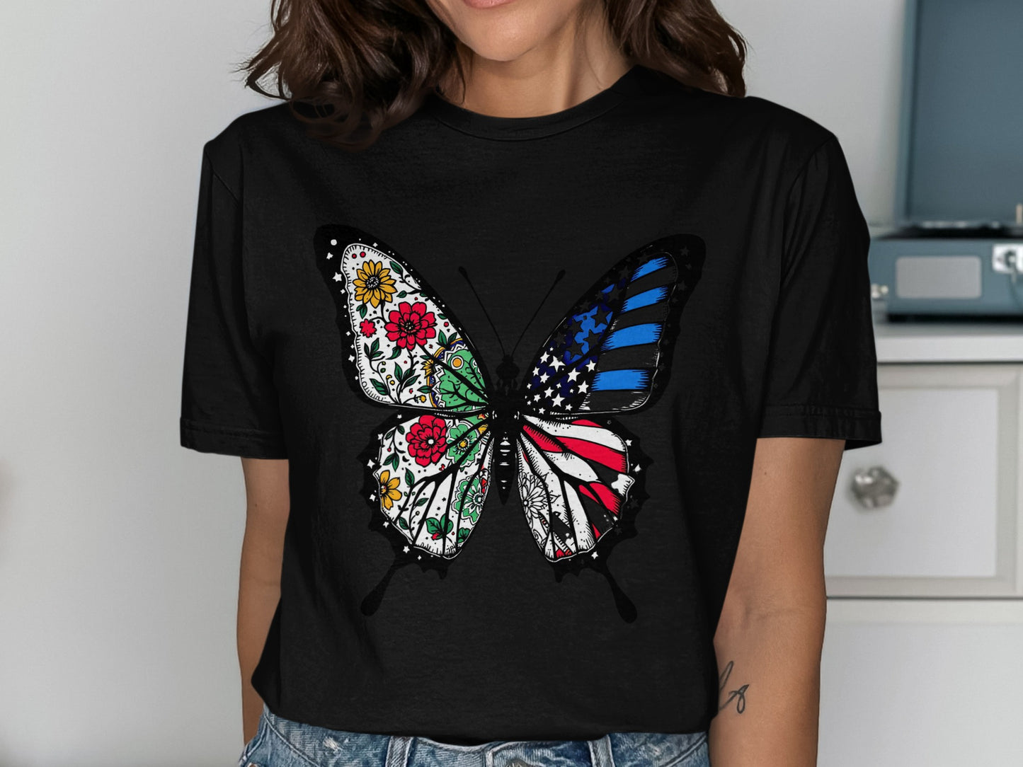 Patriotic Floral Butterfly Graphic Black Shirt product