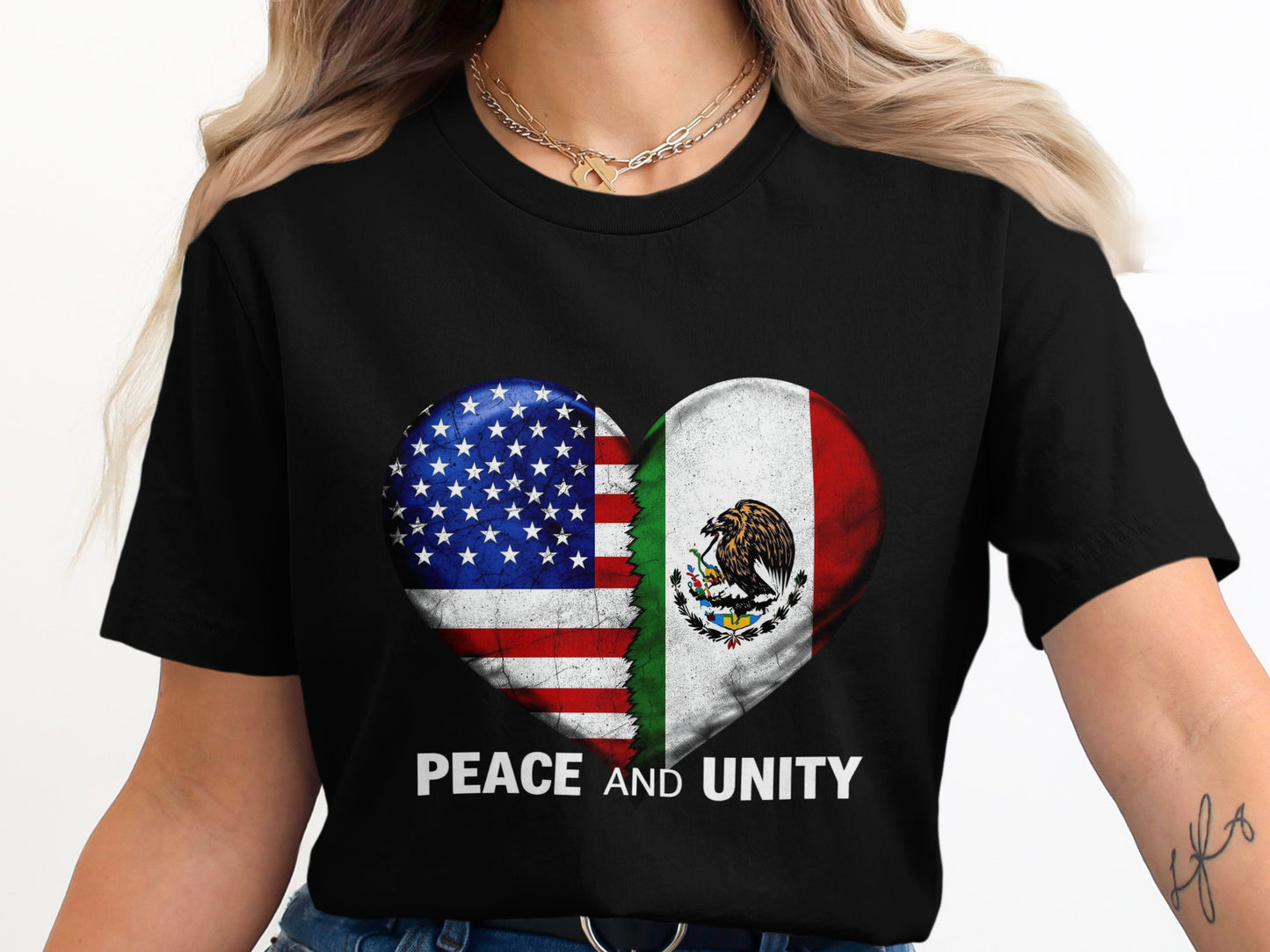 Peace And Unity USA Mexico Heart Graphic T-shirt Product