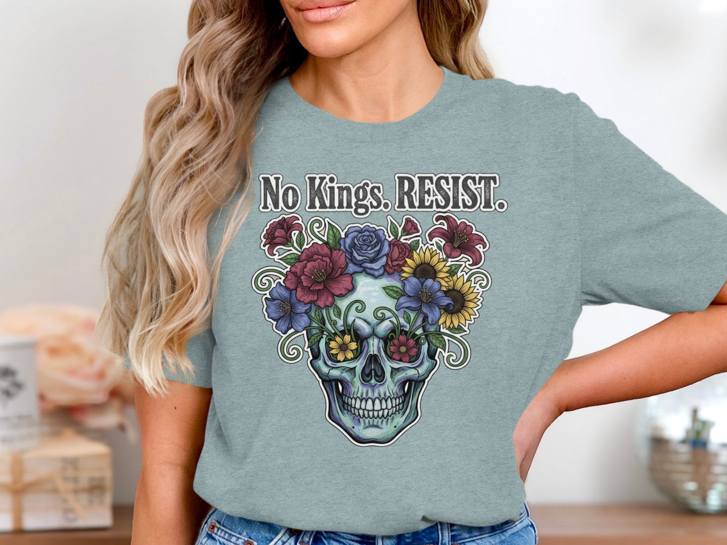 No Kings Resist Skull Flower Design T Shirt product