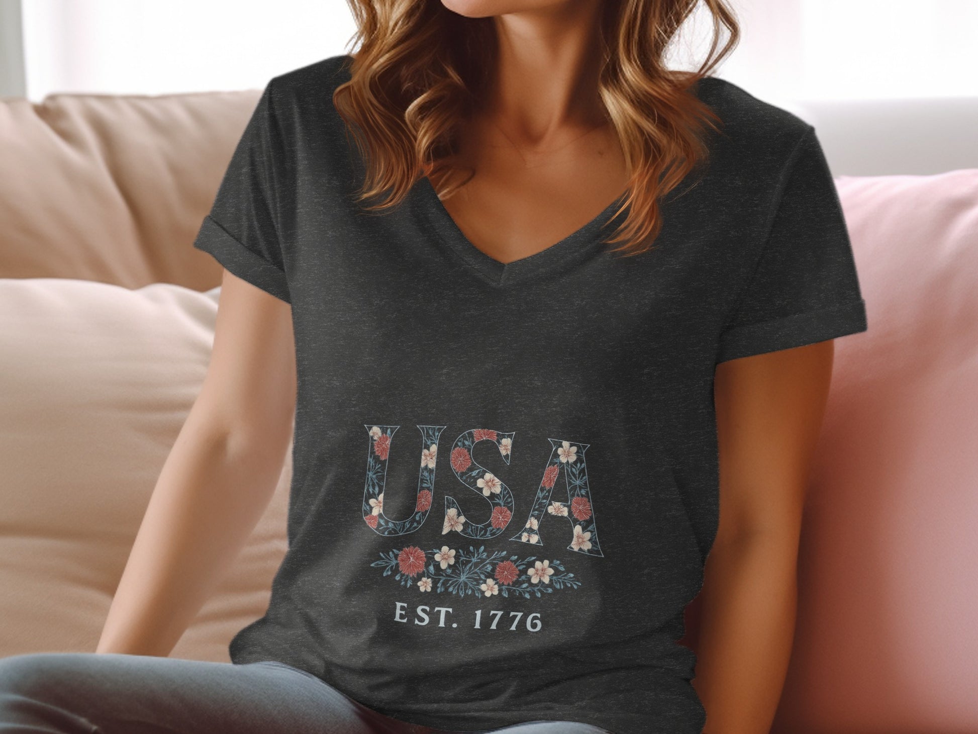 Stylish USA EST 1776 Floral Design T-shirt product type