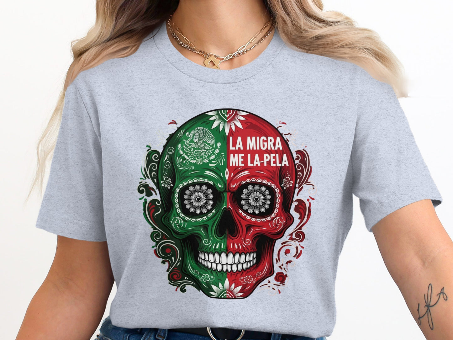 La Migra Me La Pela Mexican Skull Graphic T-shirt product type