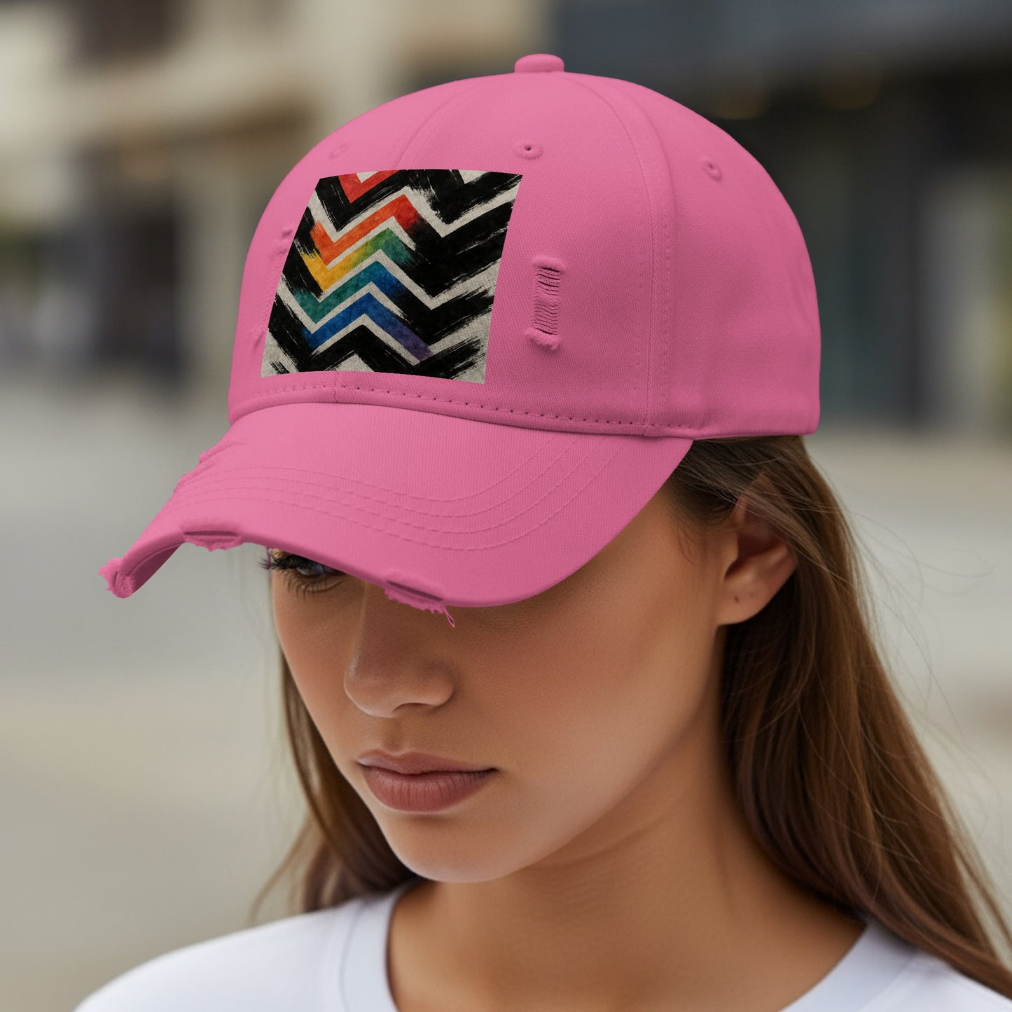 Vibrant Pink Distressed Cap with Chevron Pattern product type