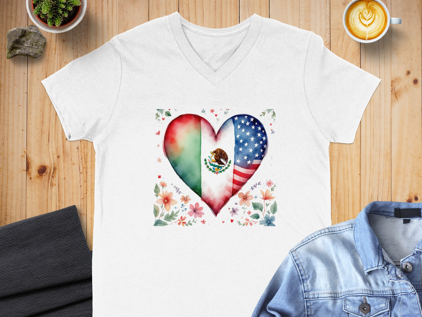 Mexican American Heart Design V-Neck T-Shirt product