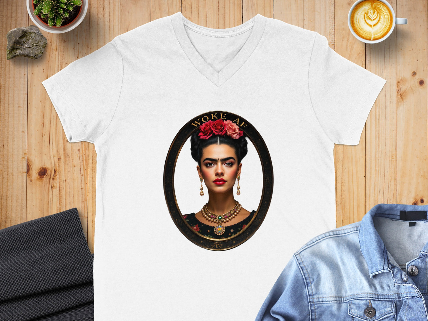 Portrait of Frida Kahlo with Floral Crown V-Neck T-Shirt product