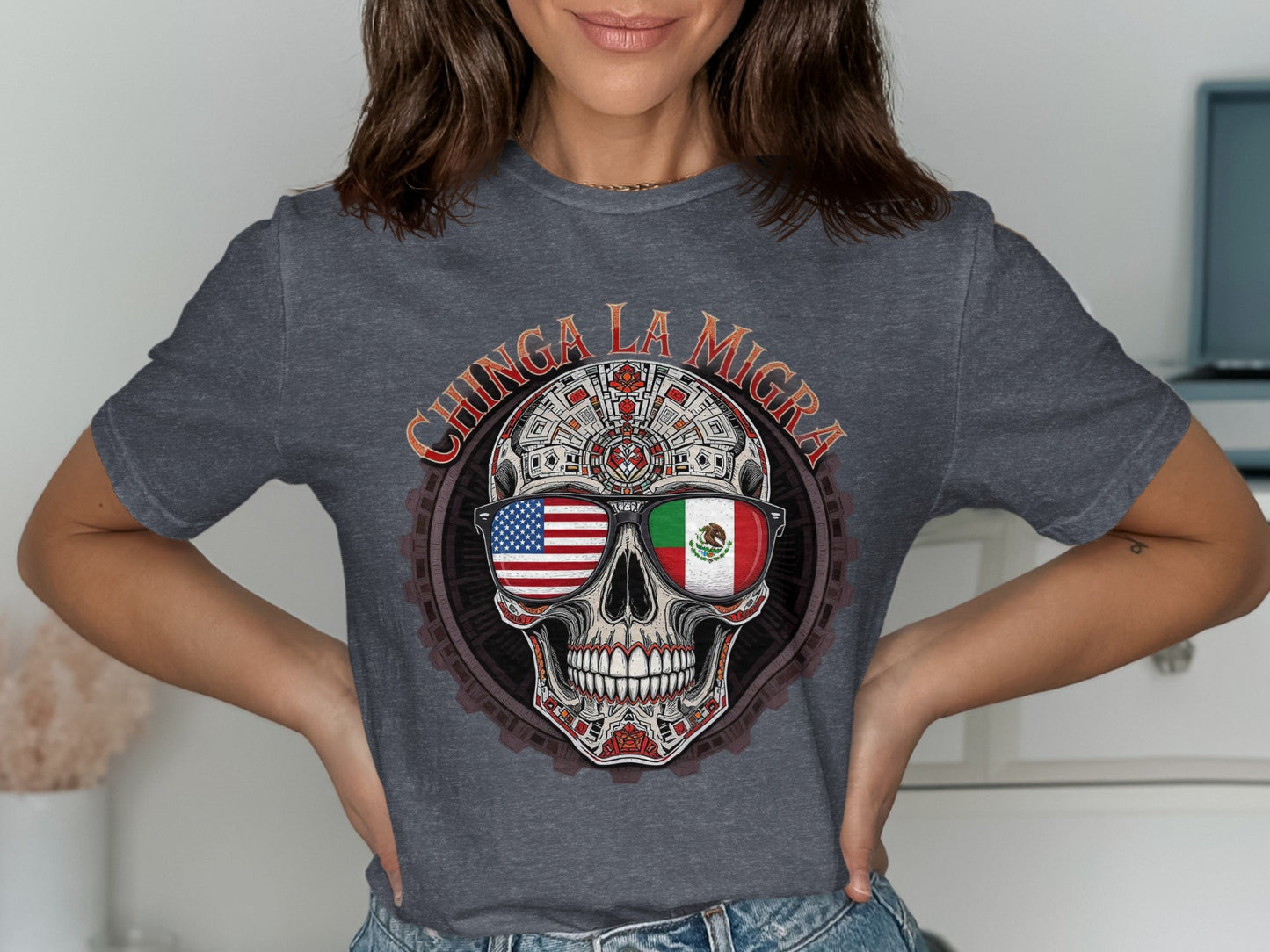 Chinga La Migra Skull Flag Design Graphic Tee product type
