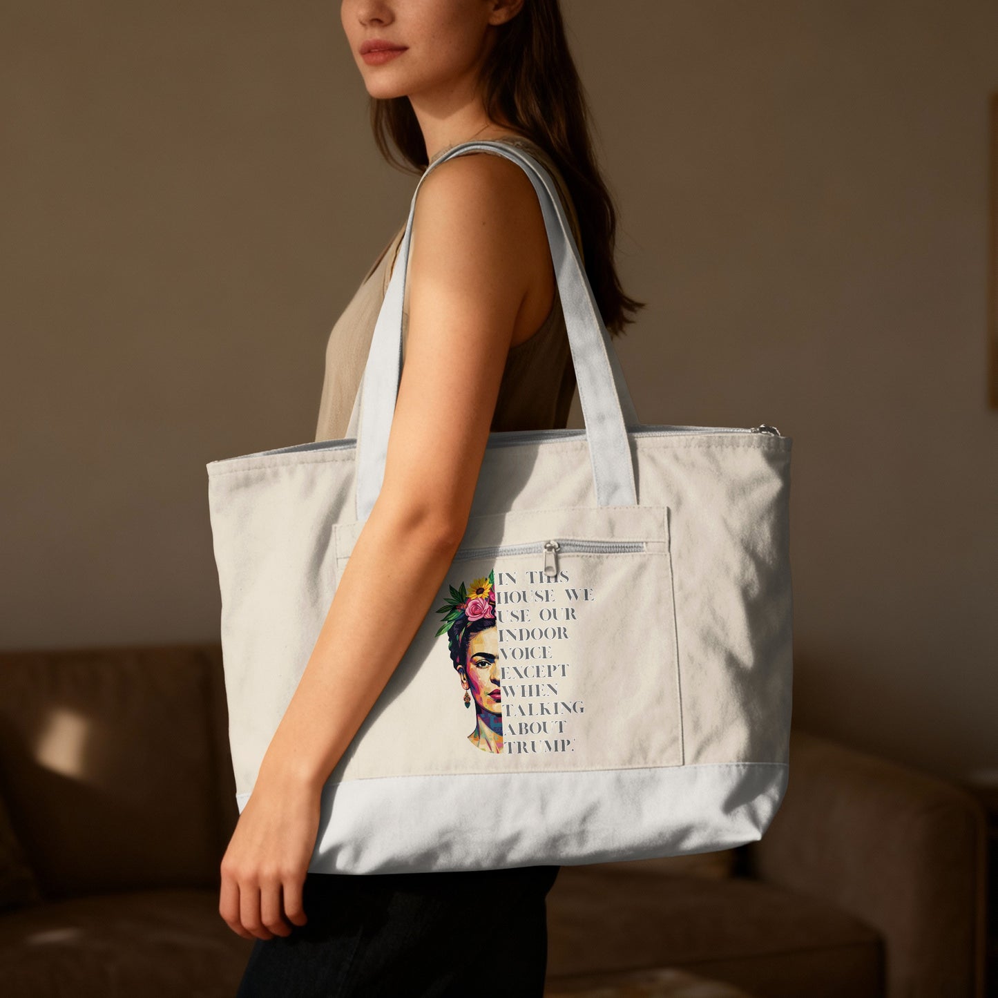 Tote bag featuring Frida Kahlo artwork with text about speaking your mind.