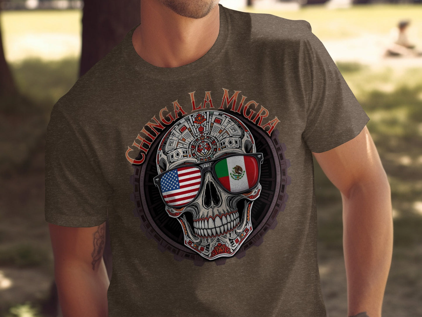 Chinga La Migra Skull with Flags T-shirt product