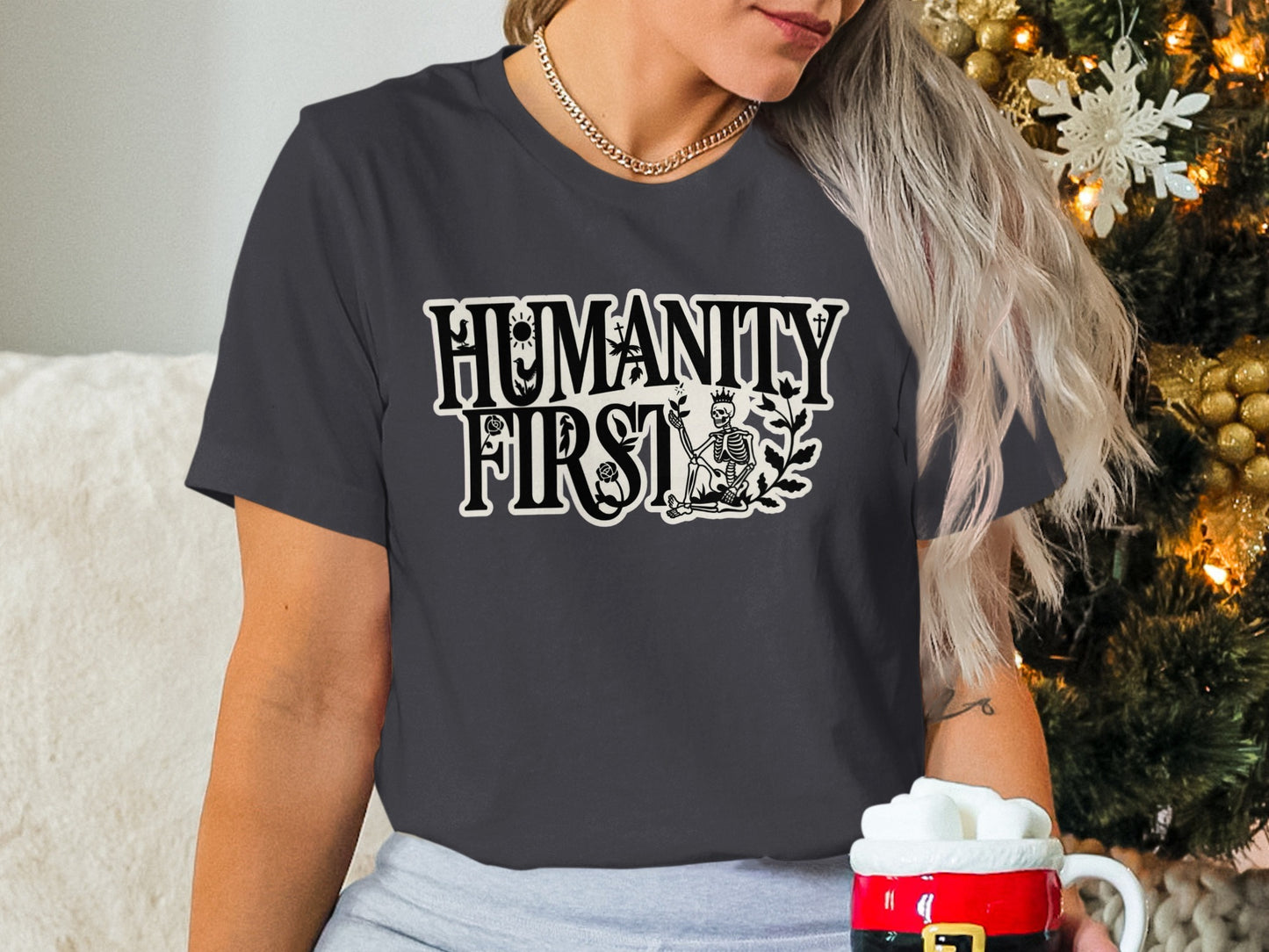 Humanity First Skeleton Graphic Design Shirt