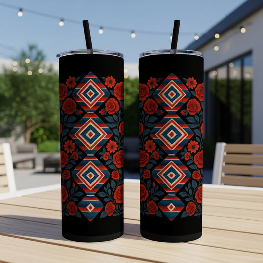 Geometric Red Roses Pattern on Black Background Tumblers