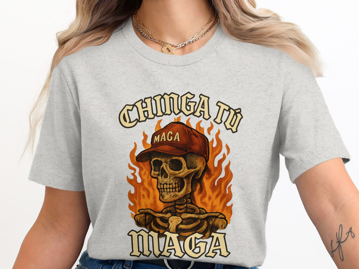 Chinga Tu MAGA Skull On Fire Graphic Shirt product