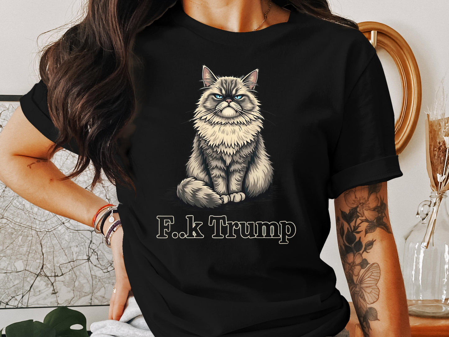 Cat Graphic with F.k Trump Printed on Black Shirt product