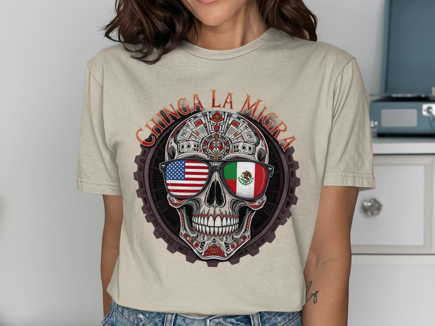 Chinga La Migra Skull T-Shirt with Unique Flag Design product