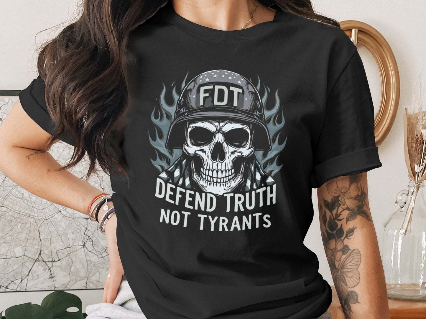 Defend Truth Not Tyrants Skull Helmet Printed T-shirt