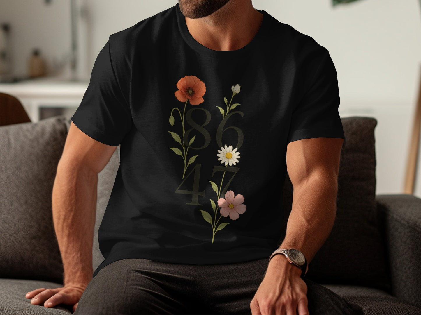Floral Number Graphic Design Black T shirt Product type