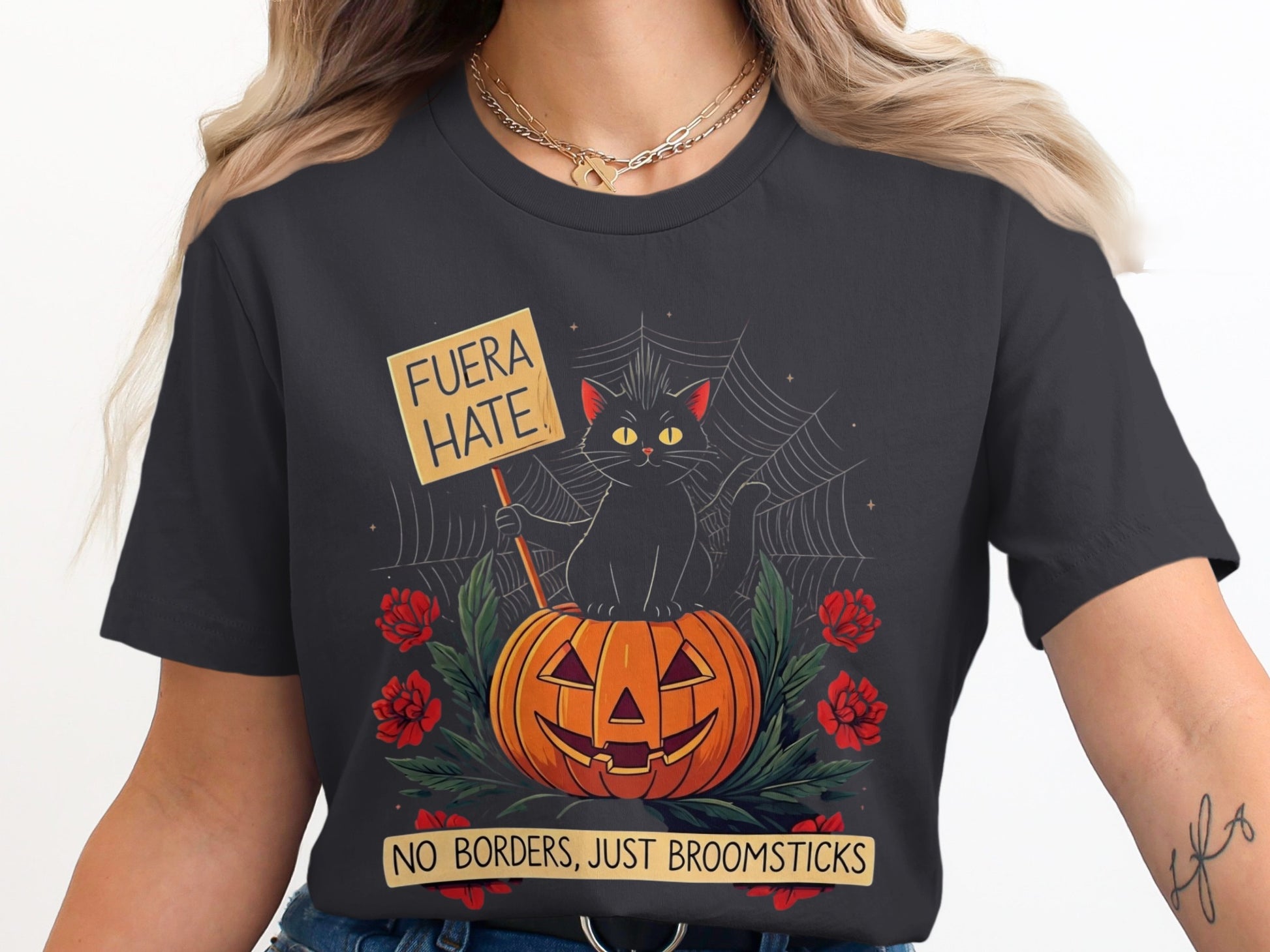 Halloween Cat on Pumpkin with Sign T-shirt product type