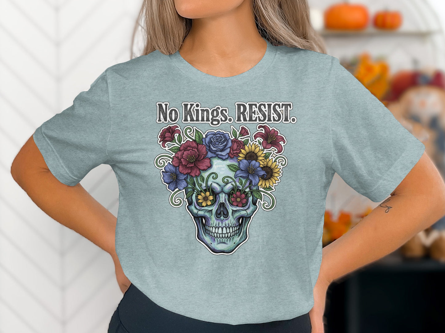 No Kings RESIST Skull with Flowers Graphic T-Shirt product