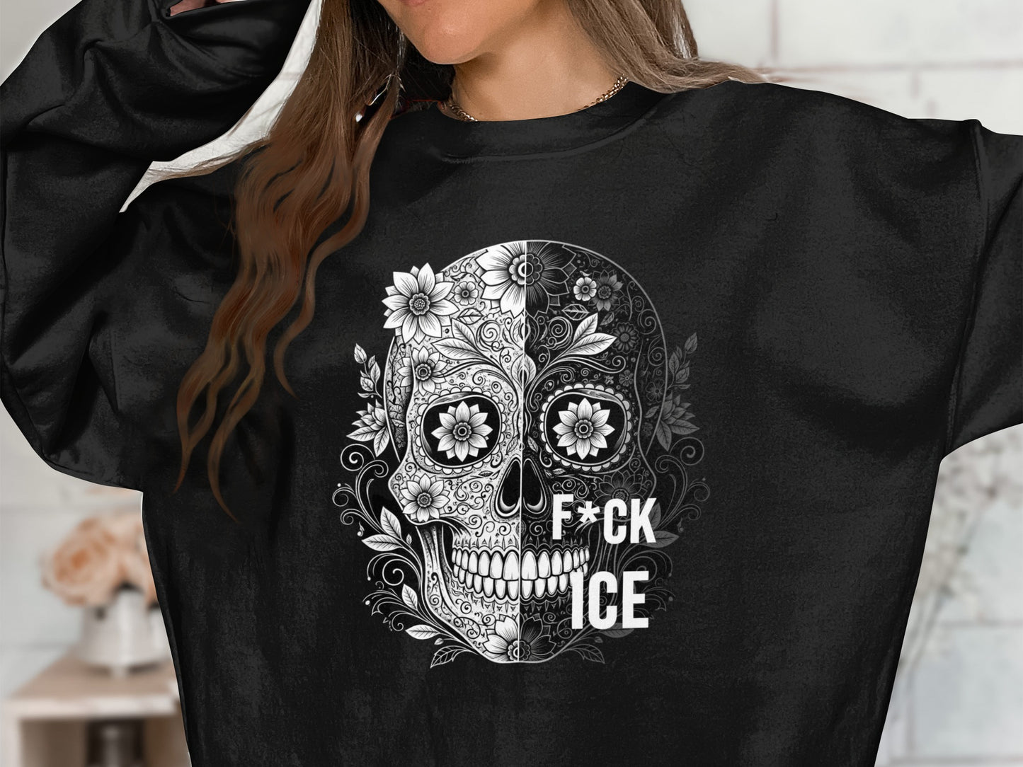F*CK ICE Skull Floral Graphic Black Oversized Sweatshirt product