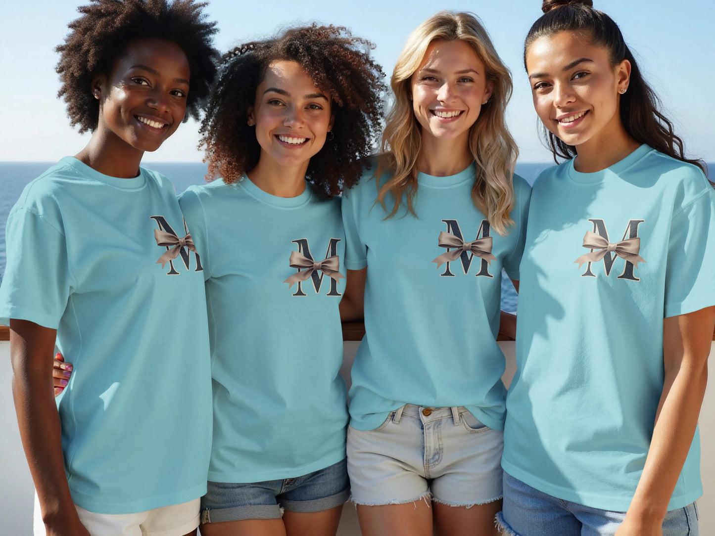 Stylish Light Blue T-Shirts with Bow Print Design product type