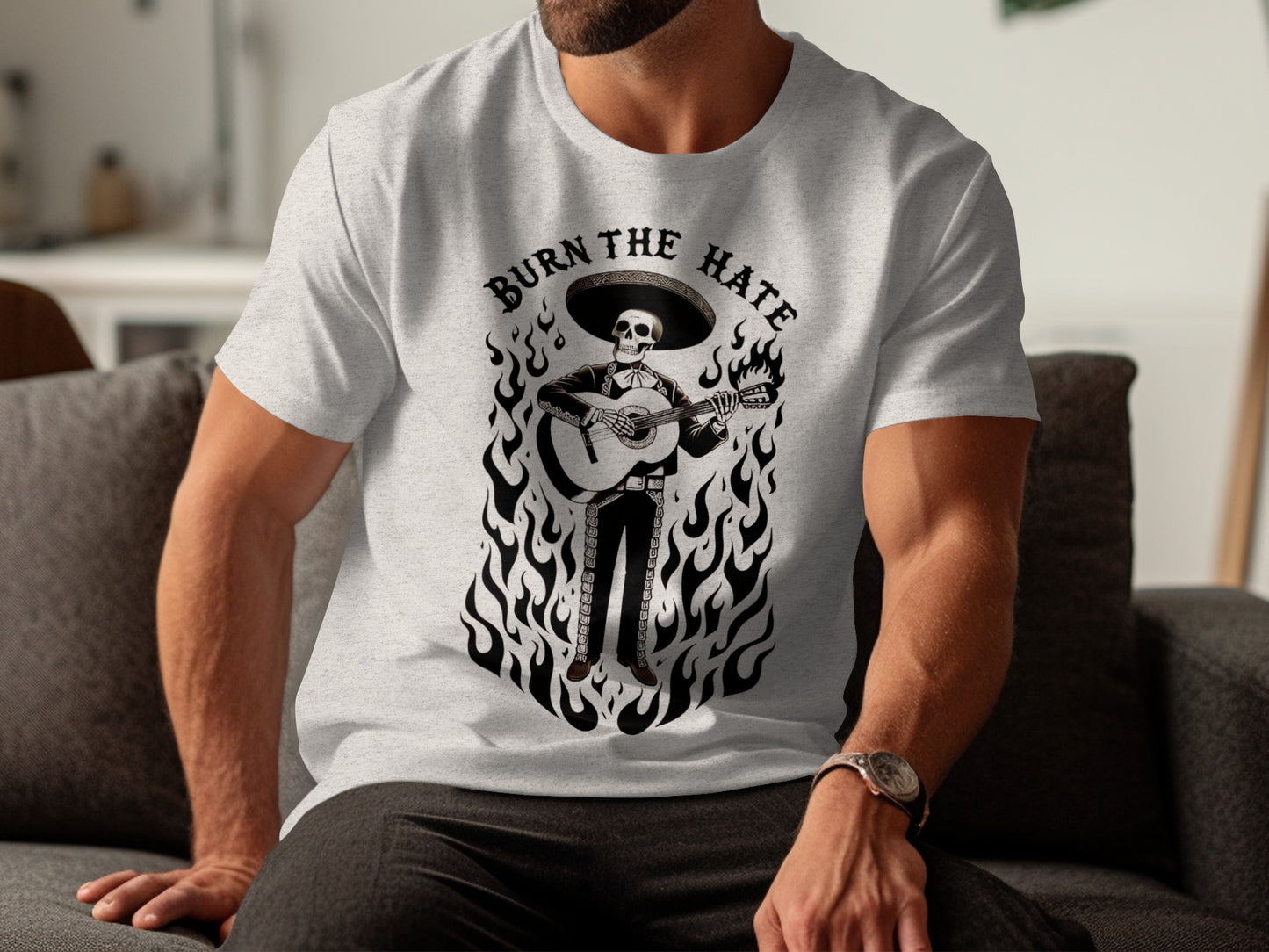 Burn The Hate Skeleton Guitar Graphic T-shirt product type