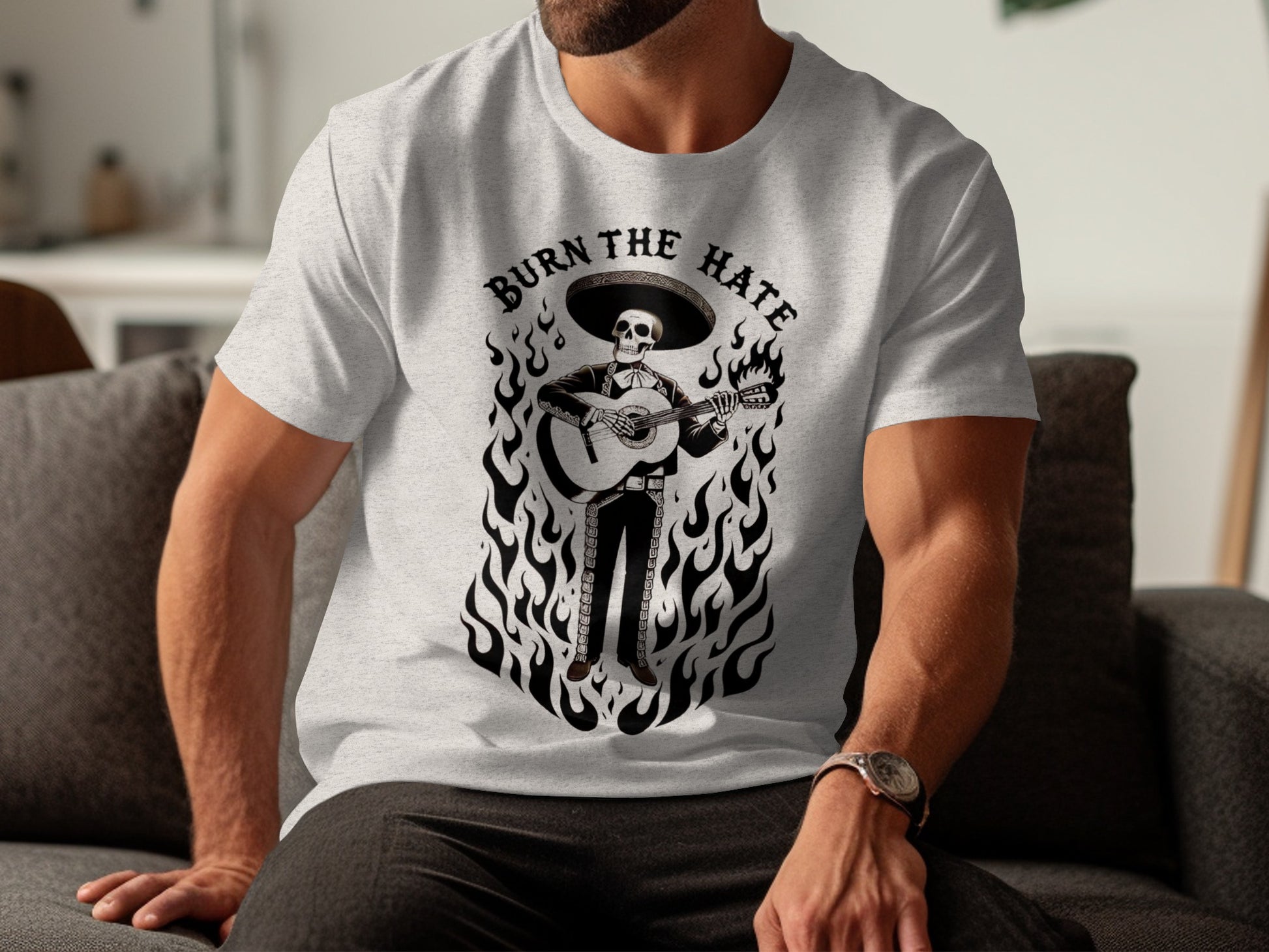 Burn The Hate Skeleton Guitar Graphic T-shirt product type