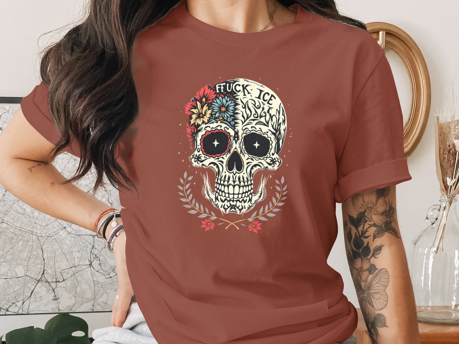 Floral Design Skull Graphic Tee Shirt product type