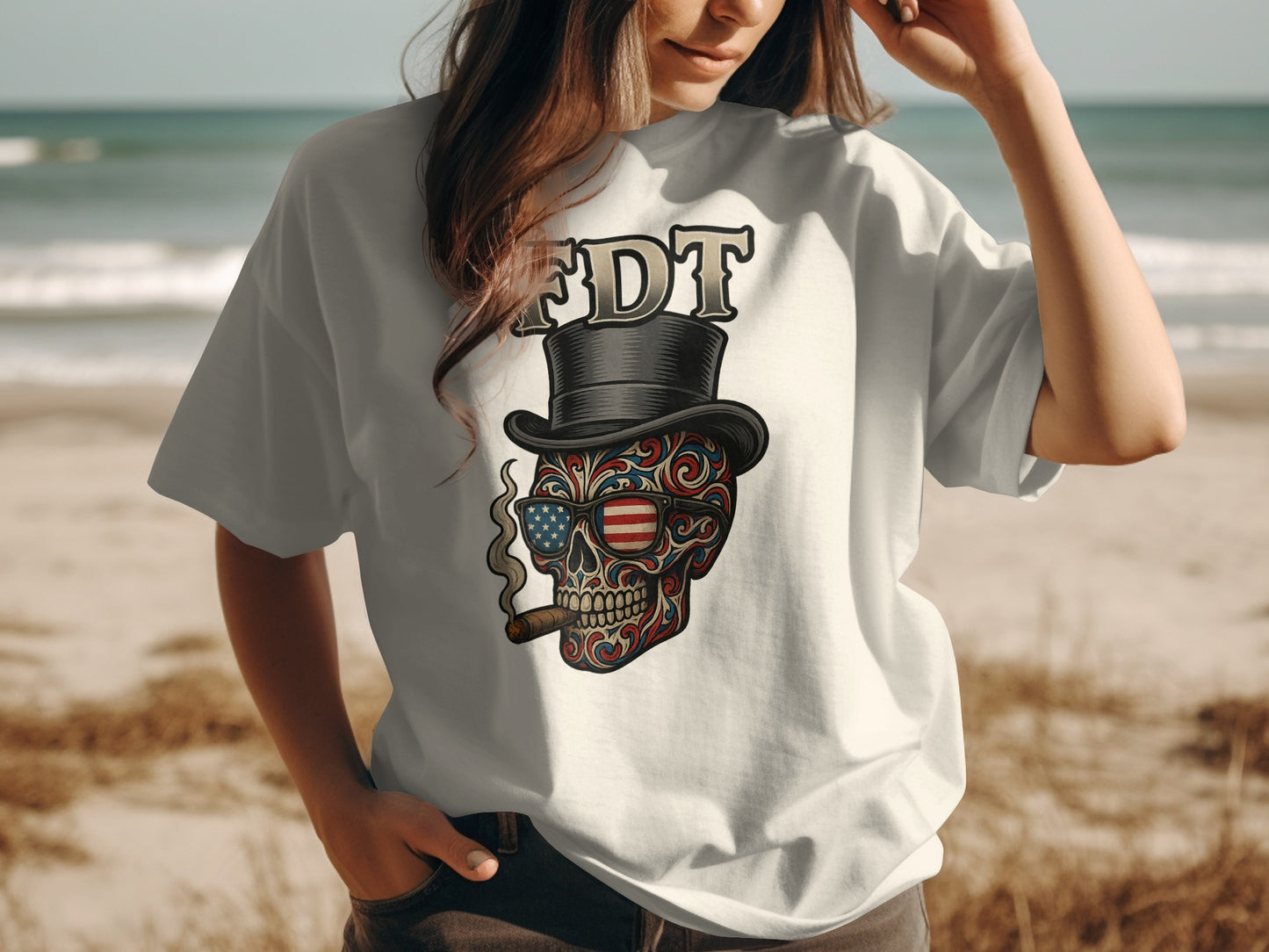 American Skull with Hat and Cigar Graphic T-Shirt product