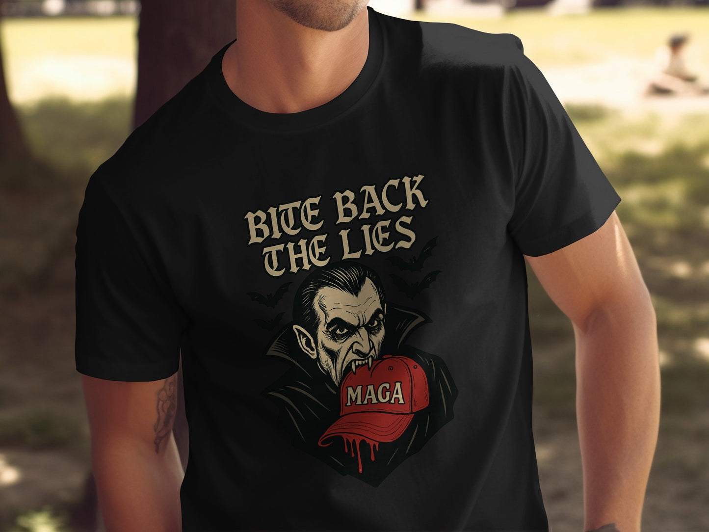 Bite Back The Lies Vampire MAGA Graphic T-Shirt Product