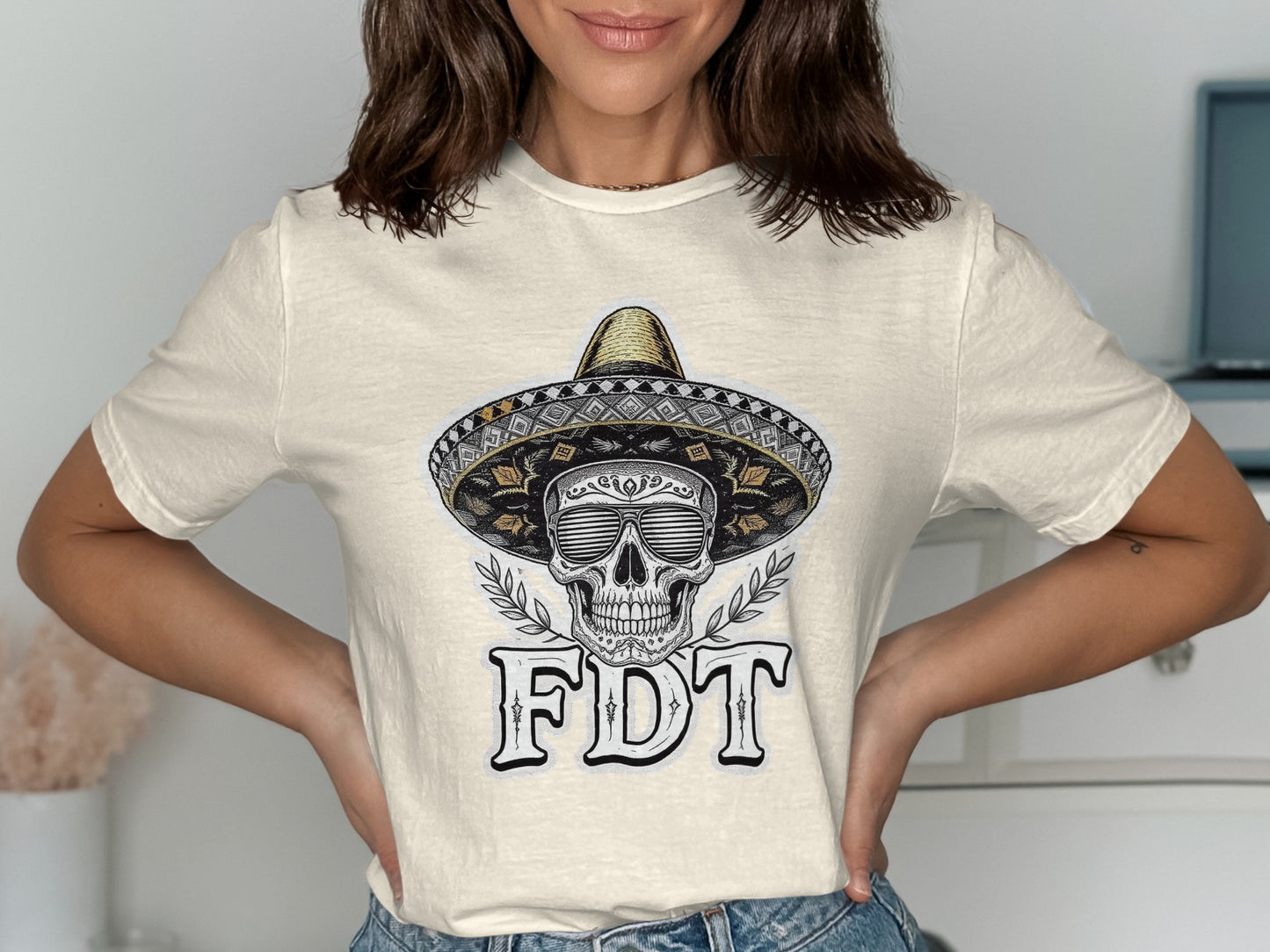 Skull in Sombrero Graphic Design FDT Text T-shirt product type
