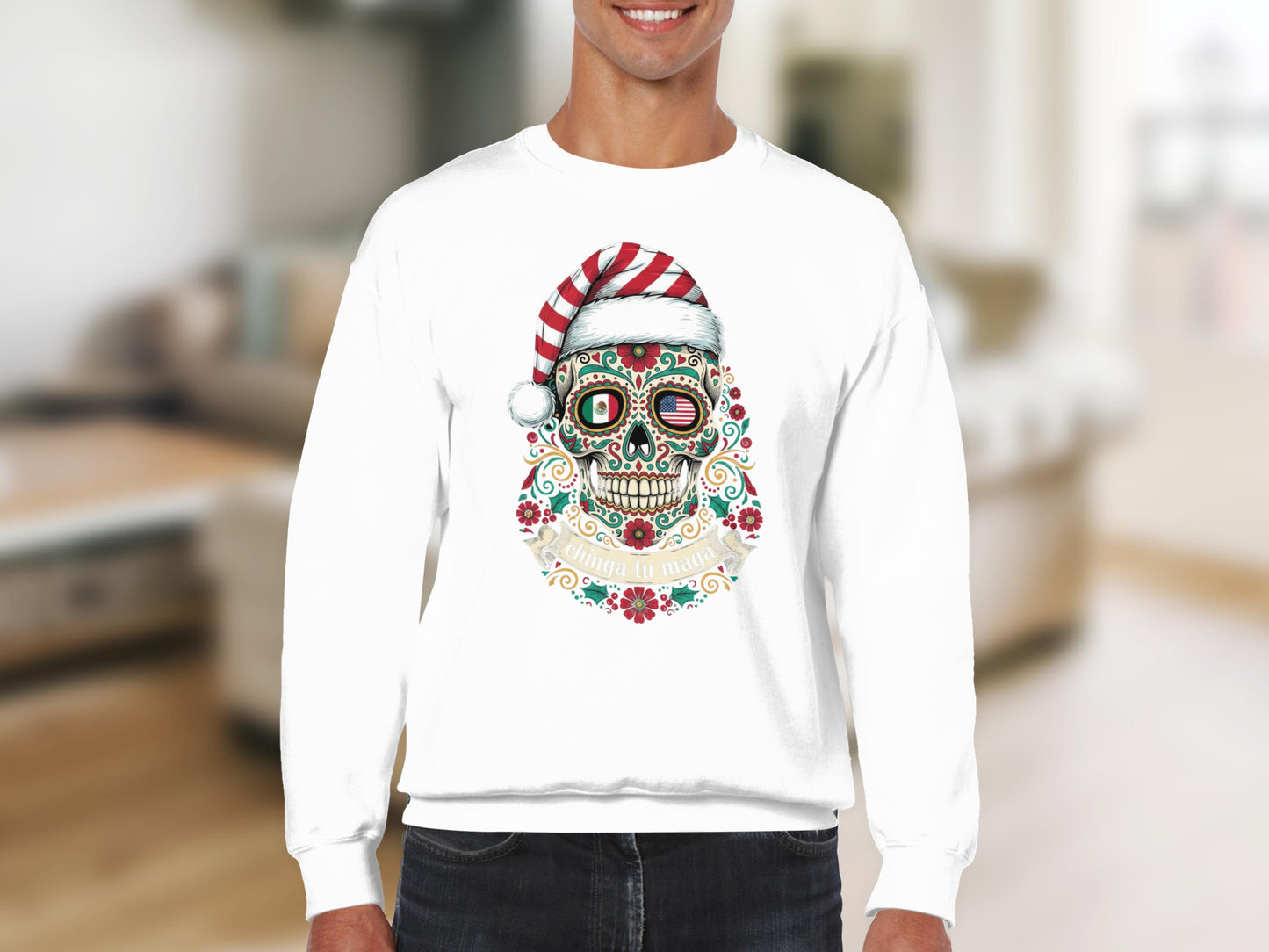 Festive Sugar Skull Shirt with Santa Hat Graphic