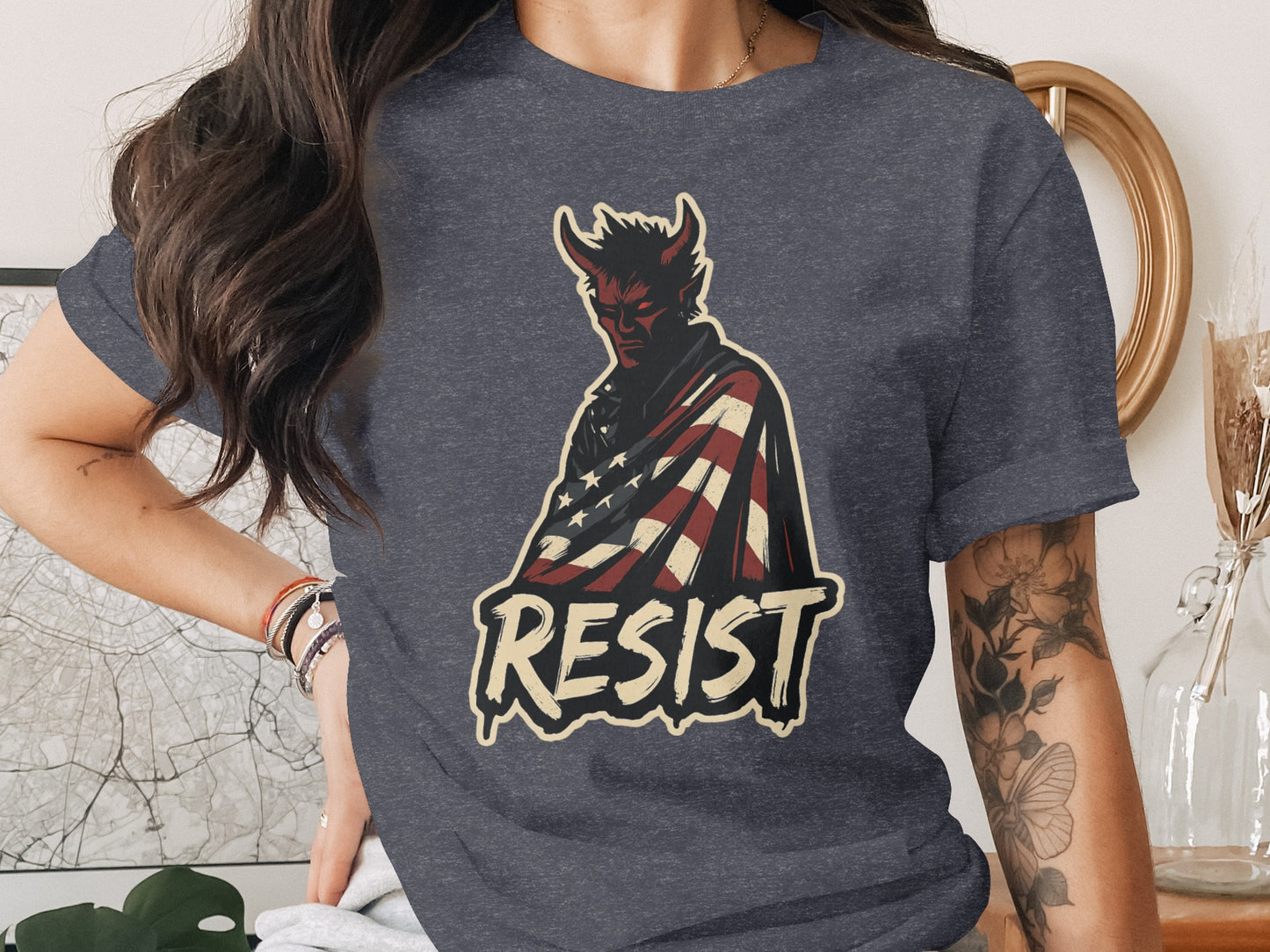 Resist Devil Holding American Flag Graphic Tee product