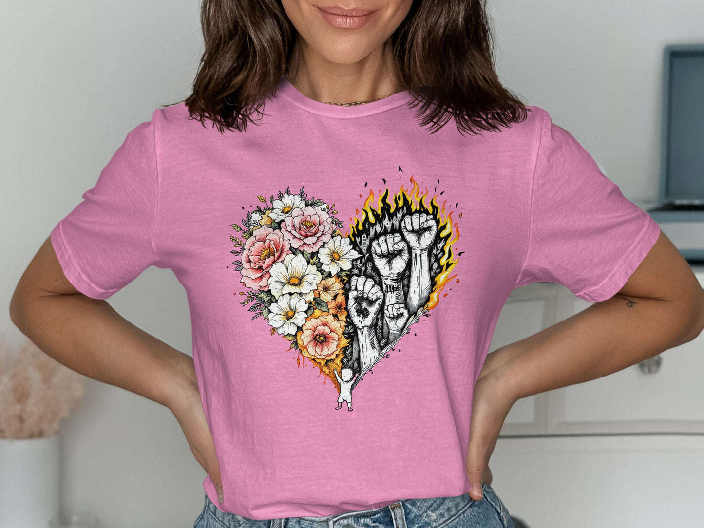 Heart Shaped Flower and Fist Graphic T-Shirt product