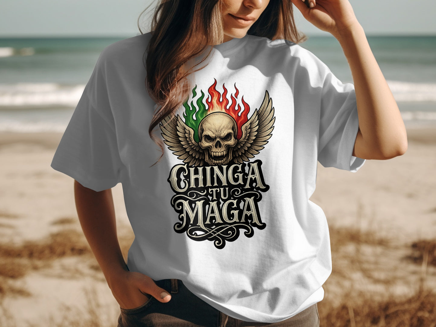 Bold Graphic Skull Wings Chinga Tu Maga Shirt product