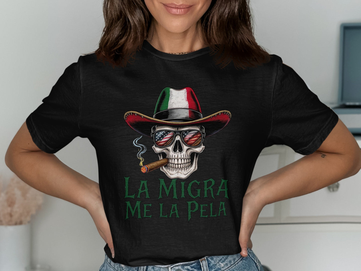 La Migra Me La Pela Skull Cowboy Hat T-Shirt product type