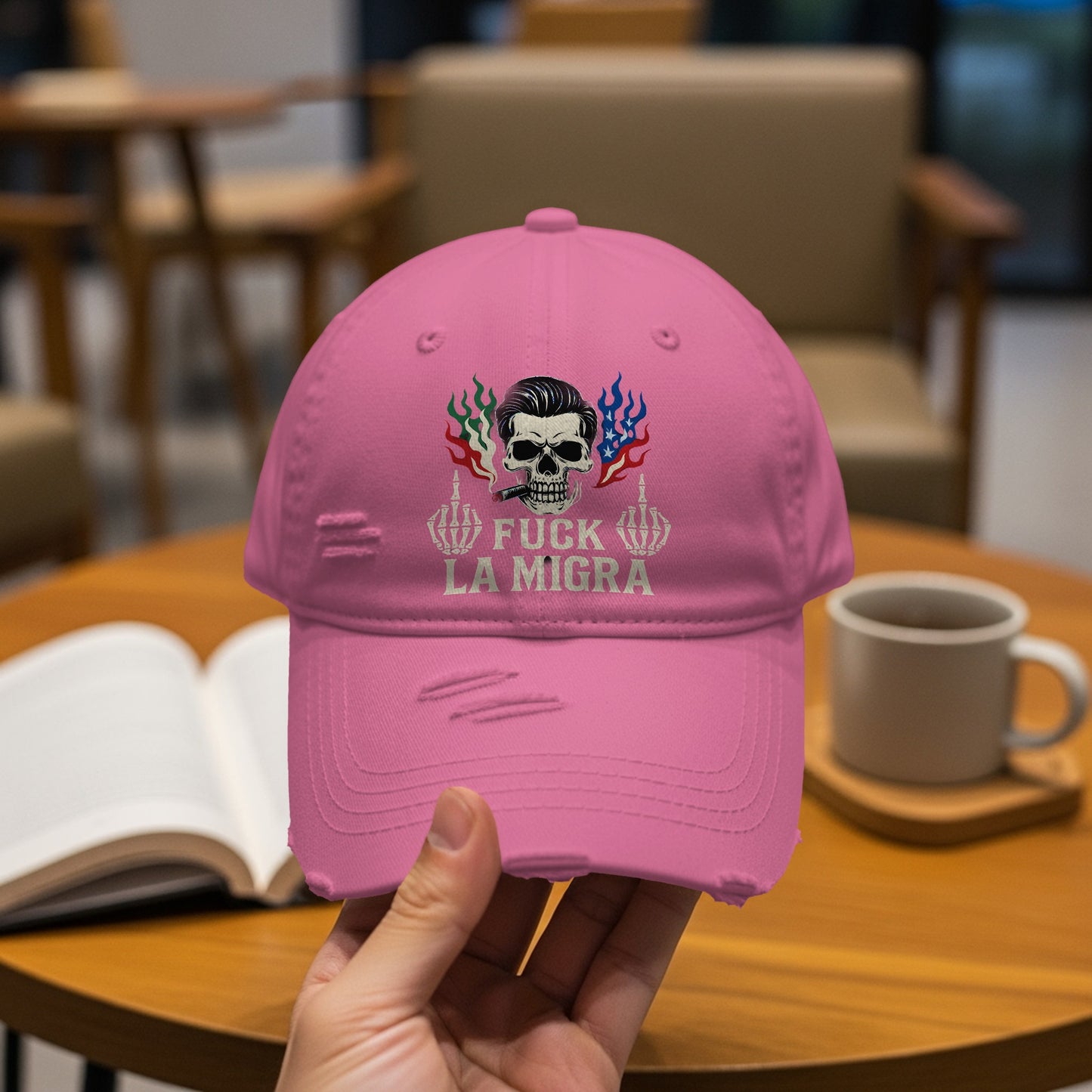 Fuck La Migra Skull Embroidered Pink Cap product type