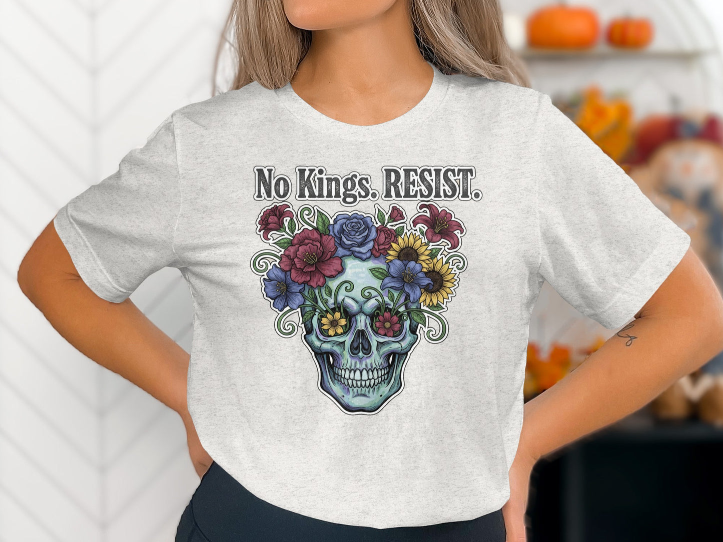No Kings RESIST Skull with Flowers Graphic T-shirt