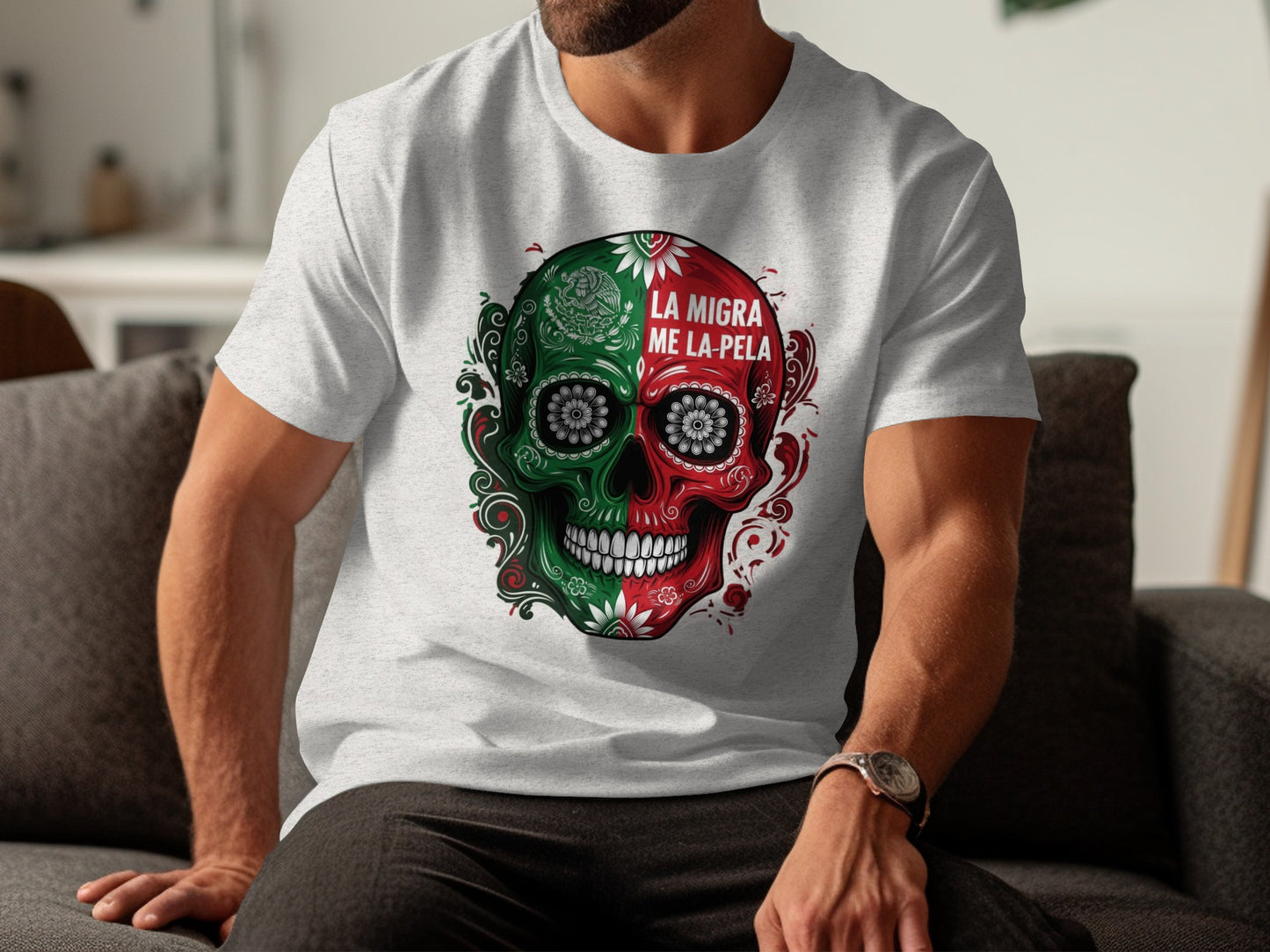 La Migra Me La Pela Skull Graphic Shirt product type