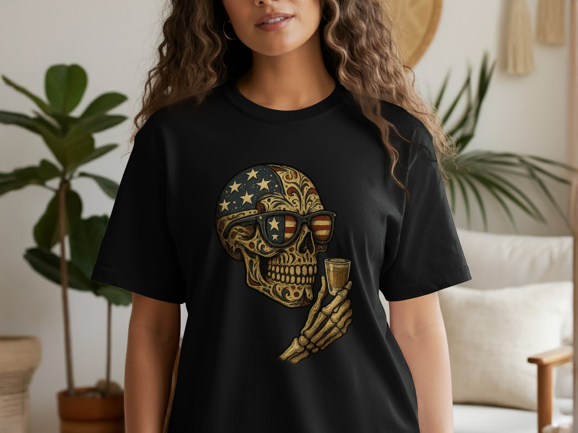 Patriotic Skull Holding Drink Graphic Black T-shirt product type