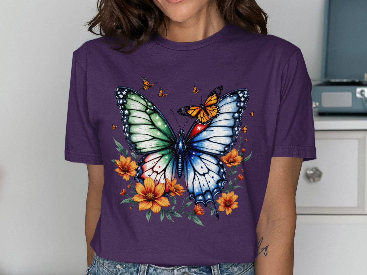 Colorful Butterfly and Flowers Graphic T-Shirt product type