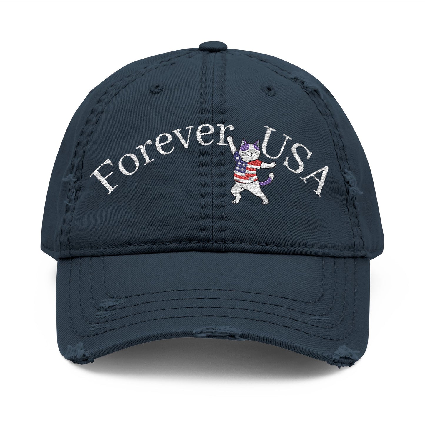 4th of July Embroidery Hat Distressed Cat Dad Hat - Forever USA, Vintage Adjustable Cap for Pet Lovers, Casual Outdoor Wear, Gift for Father's Day, Independence Day