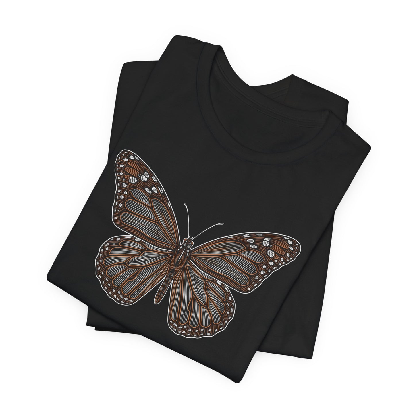 Black t-shirt with a detailed brown and white monarch butterfly design.