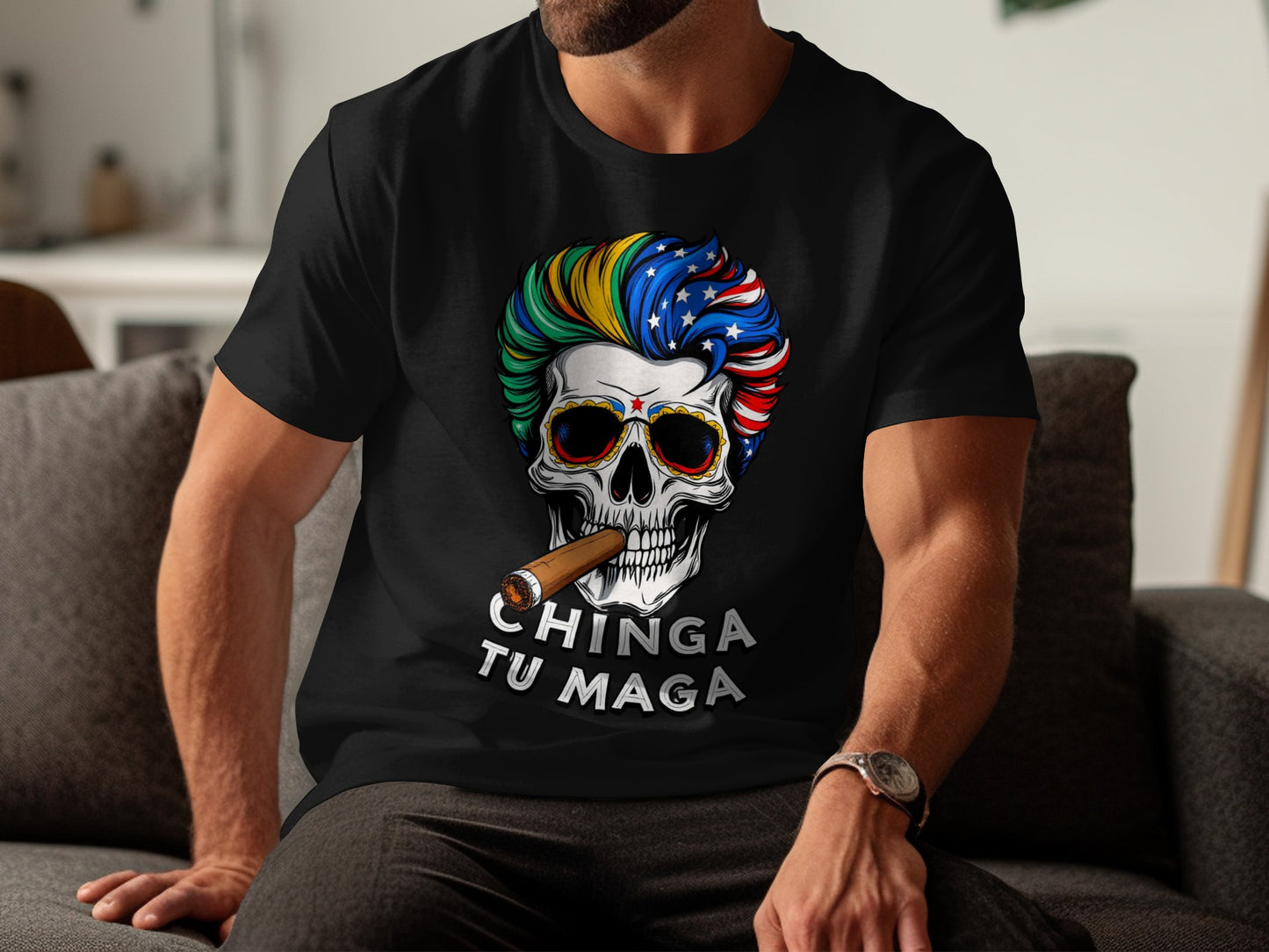 Colorful Skull Design Chinga Tu Maga T-shirt Product