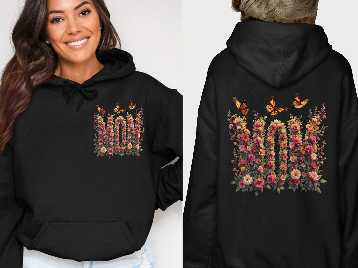 Floral and Butterfly Design Black Hoodie product type