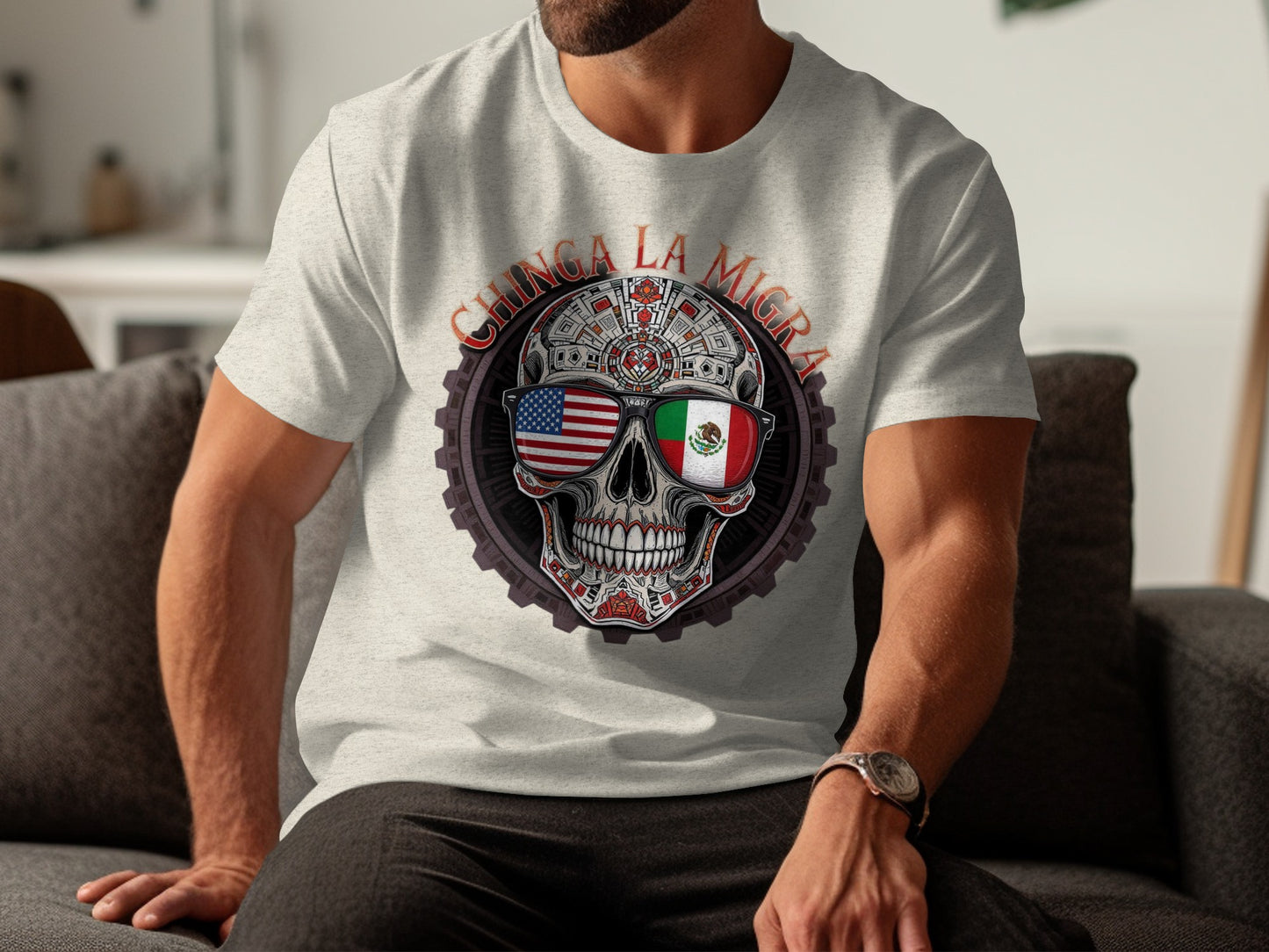 Unique Graphic Tee with Skull and Flags product type