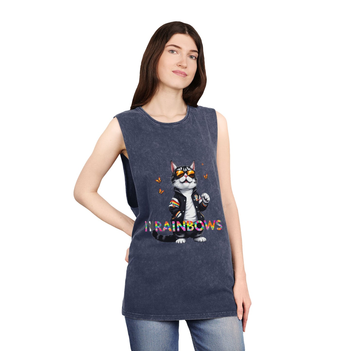 Unisex Stonewash Tank Top - Cute Cat with 'I Love Rainbows' Design