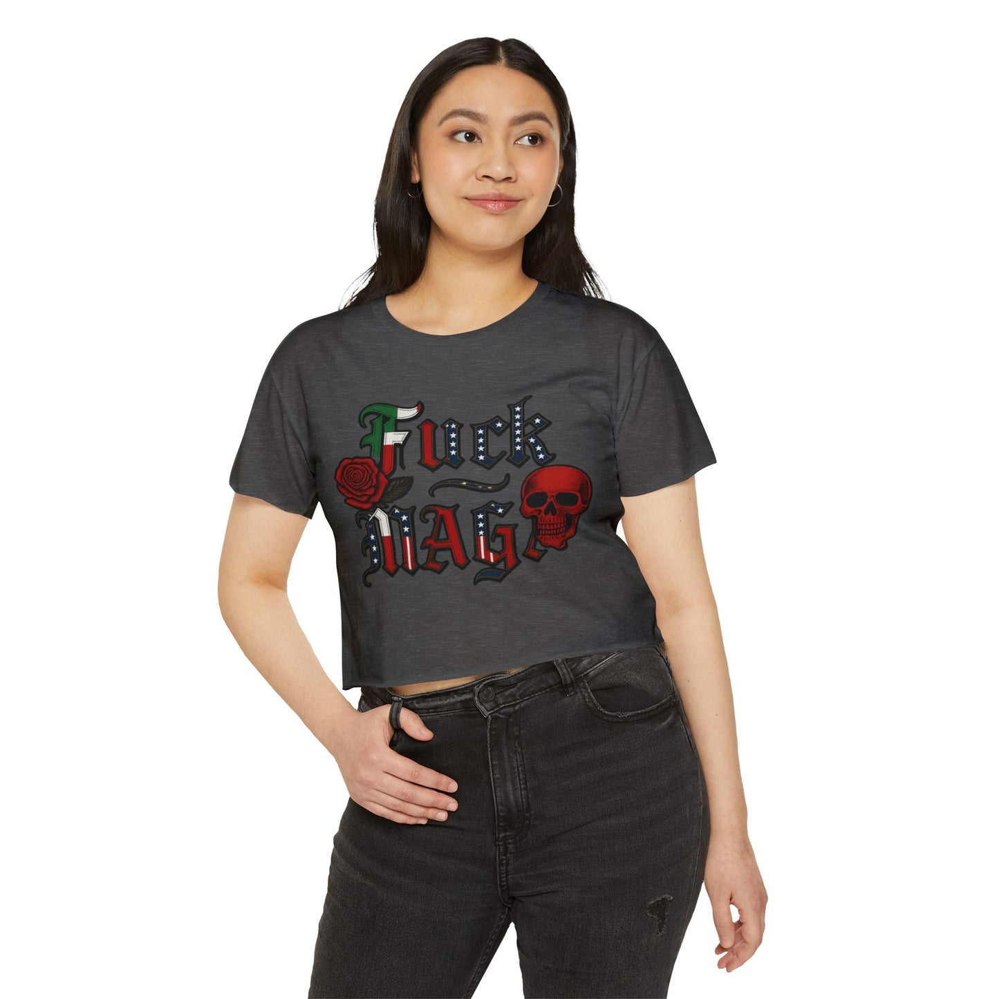 Crop Top Anti Trump FDT - Women's Festival Crop Top with Skull and Rose Design, Edgy Crop Tee, Summer Fest Outfit, Alternative Style Top, Concert Attire