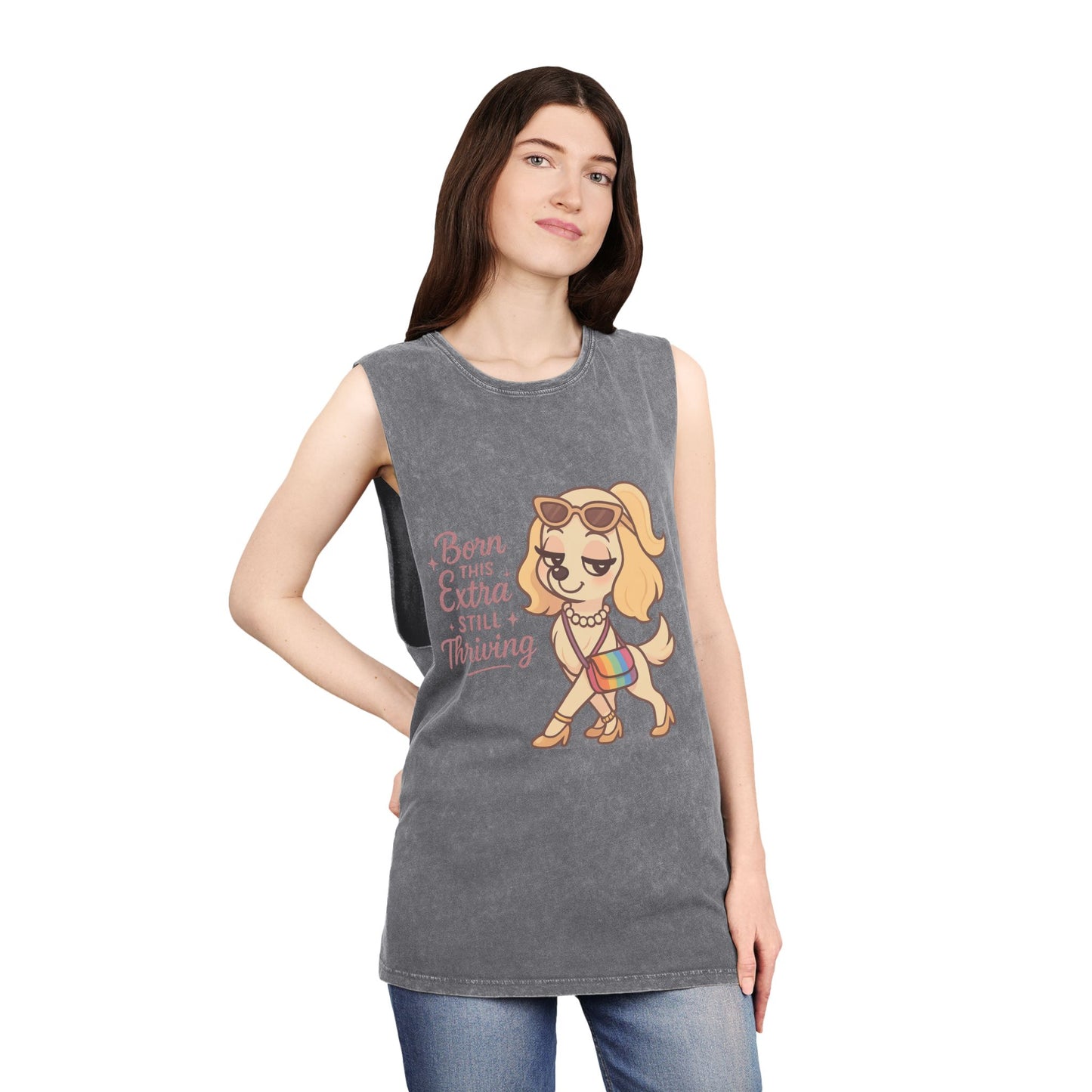 Trendy Stonewash Tank Top with Fun Dog Design, Casual Summer Style, Gifts for Dog Lovers, Birthday Wear, Beachwear, Everyday Essentials