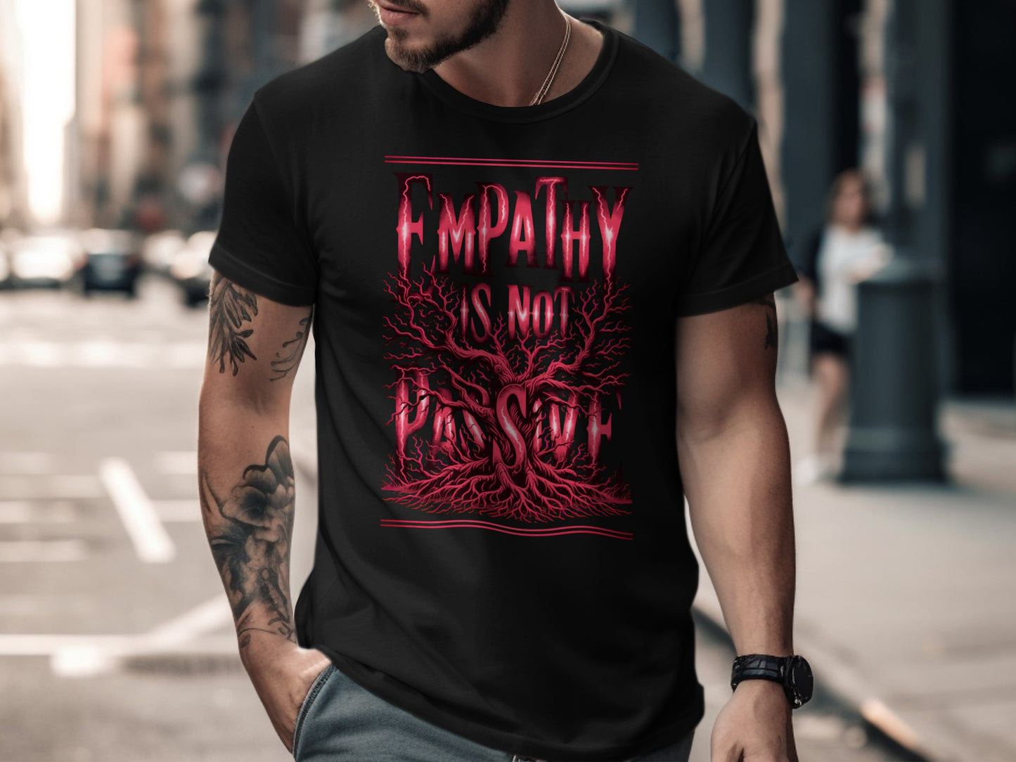 Black t-shirt with red "EMPATHY IS NOT PASSIVE" text and tree design.