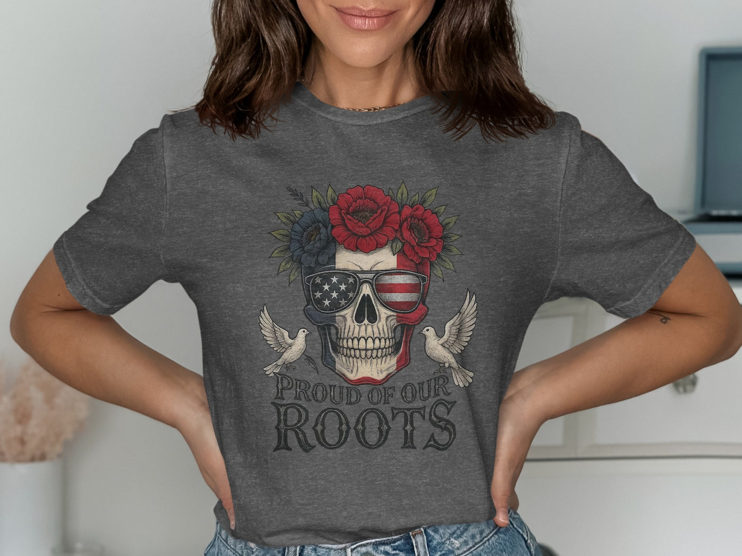 Patriotic Skull With Doves Graphic Tee Shirt product